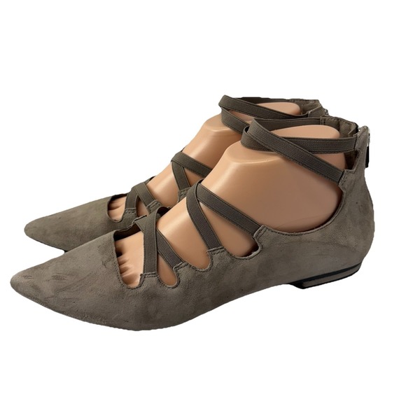 Marc Fisher Womens 7.5M Taupe Suede Pointed Toe Elastic Strap Flats Back Zip - Picture 1 of 8